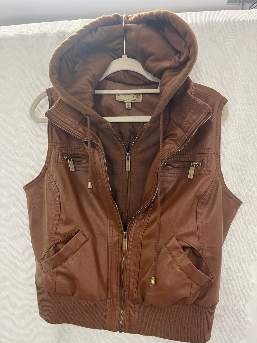 Ashley Vintage Hooded Faux Leather Vest Jacket XL